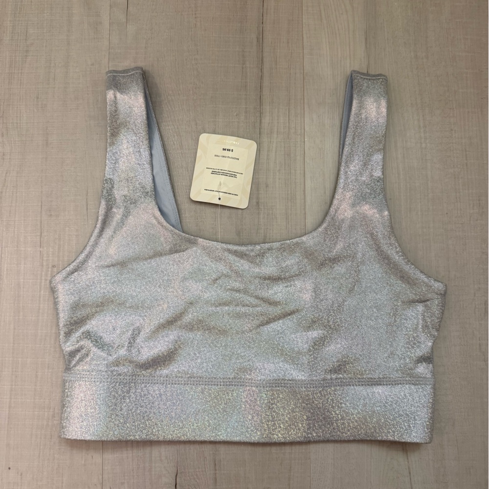 Fabletics Shimmery Silver Women's Sports Bra - Metallic Support Crop